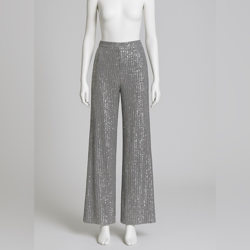 Silver Sequin Wide-Leg Pants
